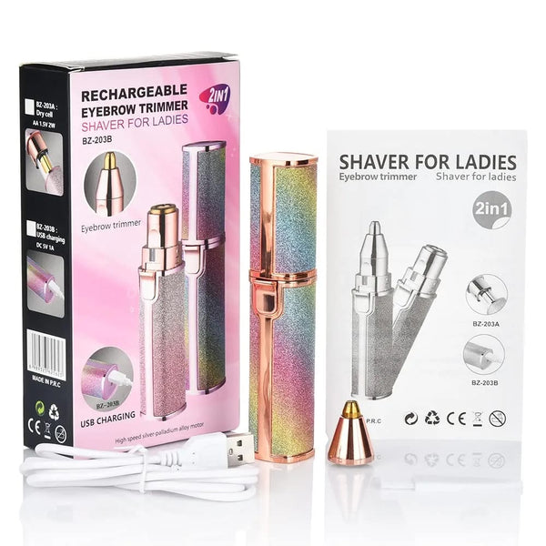 2 In1 Rechargeable Facial Hair Removal and Eyebrow Shaver - Face Lips Body Painless Facial Razor with Built-in LED Light USB